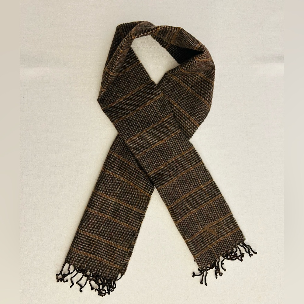 Nautica Lambswool Brown Plaid Scarf with Fringe
